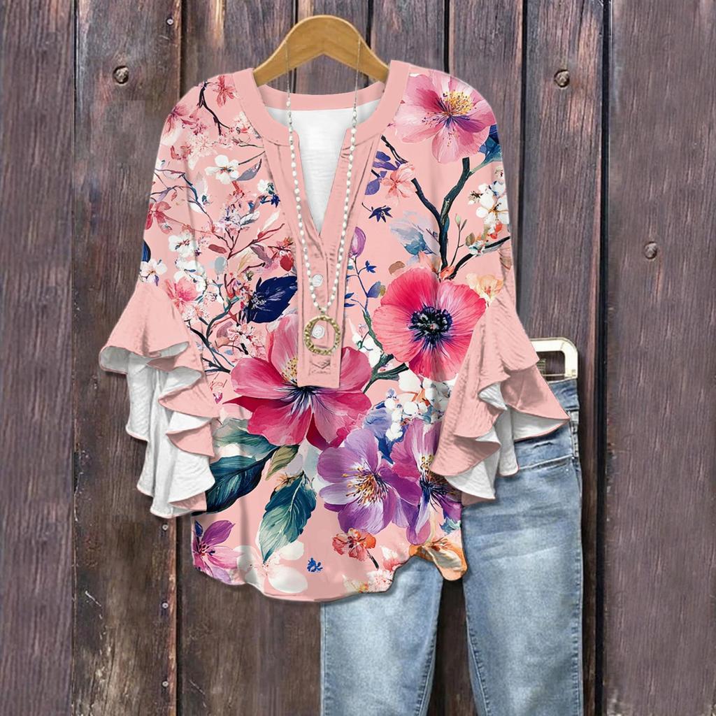 Summer Tops For Women Cute V Neck 3/4 Sleeve Blouses Floral Print Top Casual Shirts