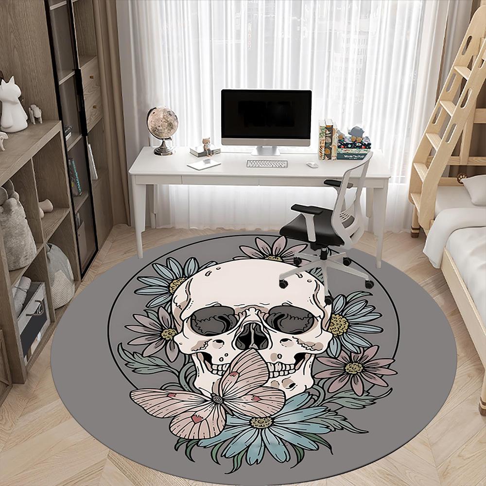 1pc Skull Flowers Office Round Area Rug, Under Office Chairs Bedroom Living Room Home Decor, Room Deco