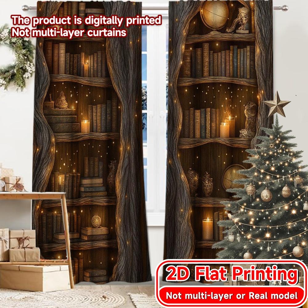 

Set Of 2 Flat Printing Enchanted Bibliotheque Chic Print Curtains Versatile Fabric Home Decor Ldeal Bedroom Curtain Polyester Ideal For W100*H70(CM)-Hooks&2PCS