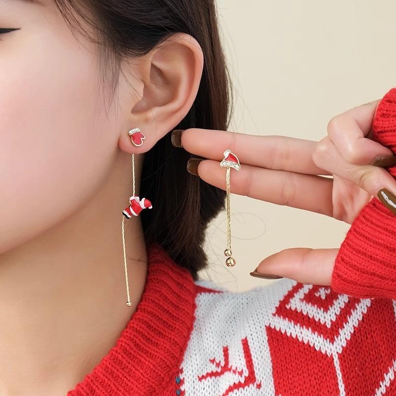 Creative Asymmetric Hat Glove Moving Santa Claus Long Tassel Hanging Earrings for Women New Year Christmas Holiday Jewelry Gift