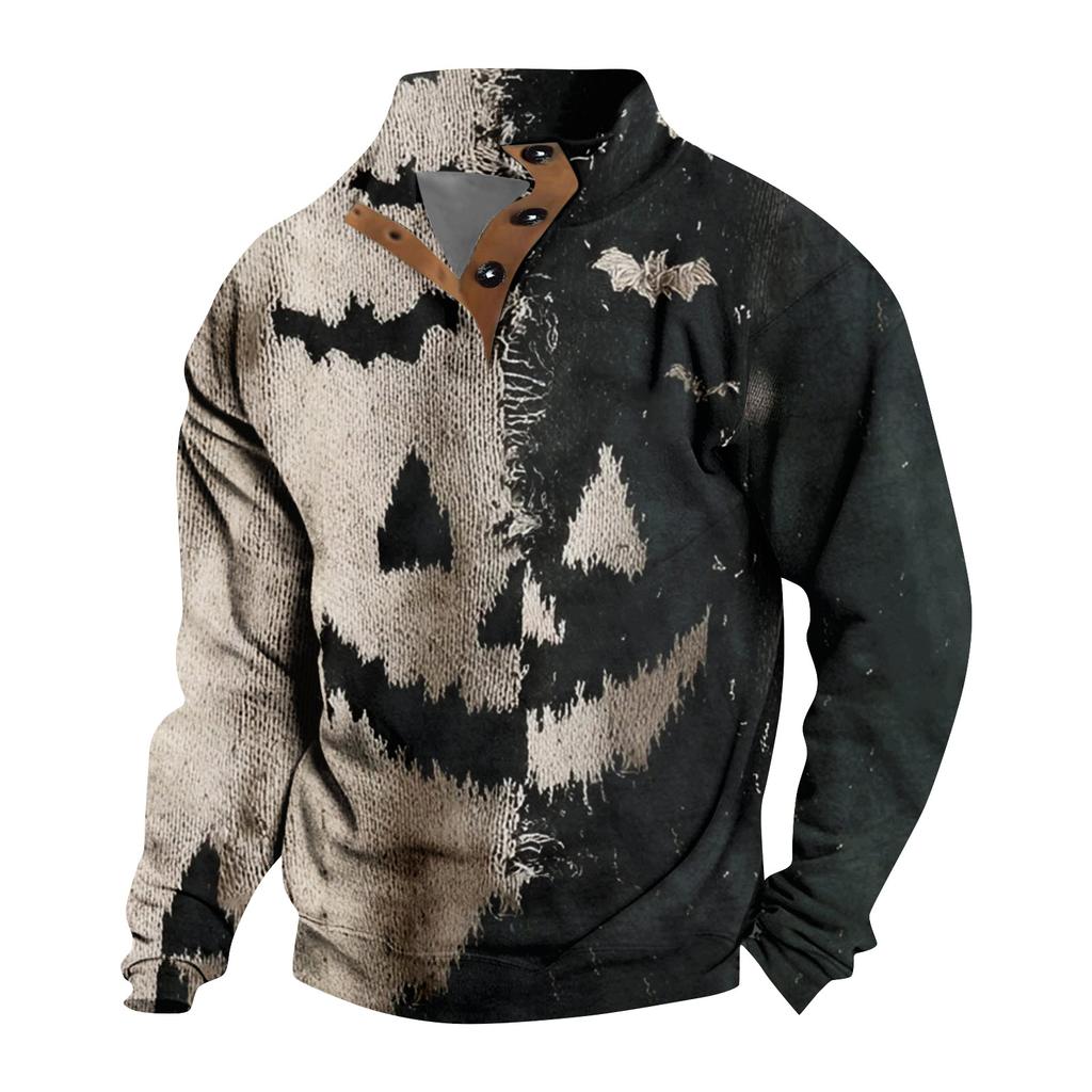 Men's Casual Fashion Christmas Printed Hoodless Sweatshirt Wide Men's Loose Button Stand Collar Hooded Sweatshirt