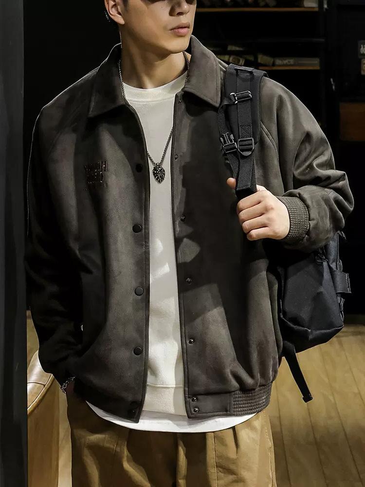 

Американская тяжелая куртка-пиджак в стиле рабочей одежды на весну и осень, мужская свободная весенняя куртка из оленьей замши с лацканами, бейсбольная куртка 2XL 150-85kg