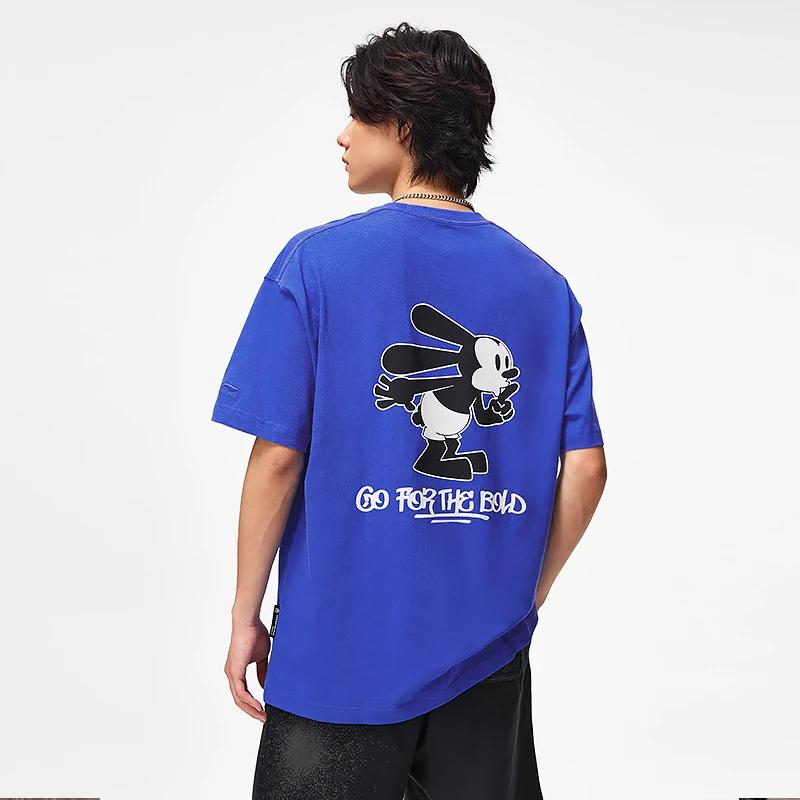Li-Ning X Disney Oswald Series Cartoon And Letter Print Round Neck Loose Short Sleeve T-Shirt Unisex Tops Bright-Blue AHST313-3