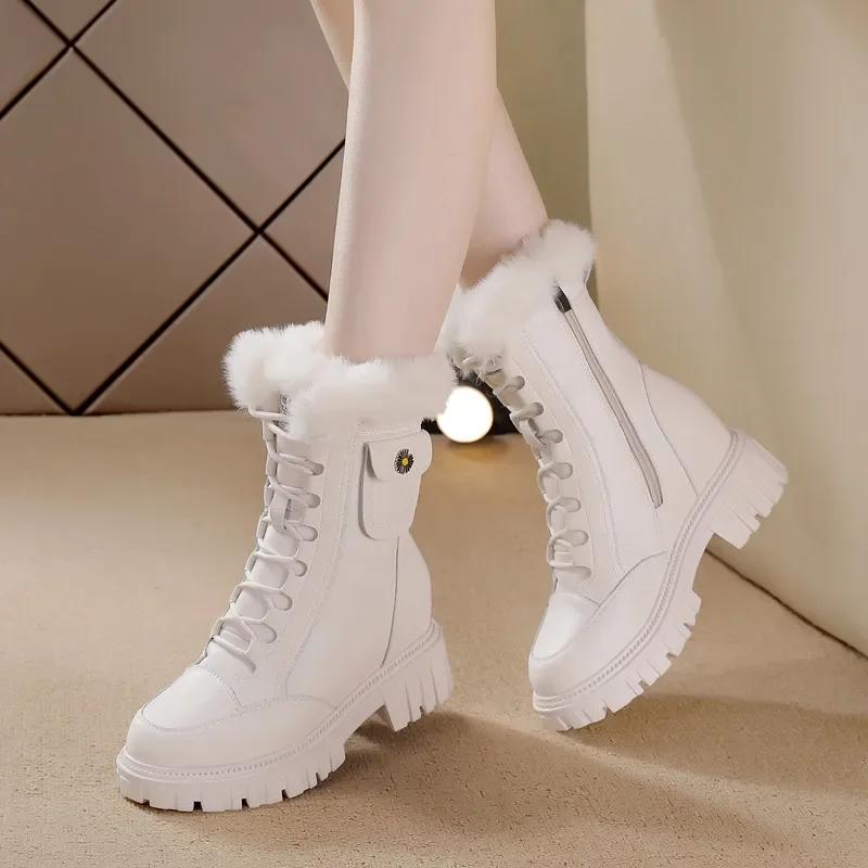 Fashion 7cm Genuine Leather Synthetic Cushioned Platform Wedge Winter Plush Spring Women Spring Durable Ankle Boots Autumn Shoes