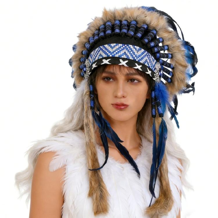 Handmade Feather Headdress Cosplay Ethnic American Kokoshnik for Chief Colorful Feather