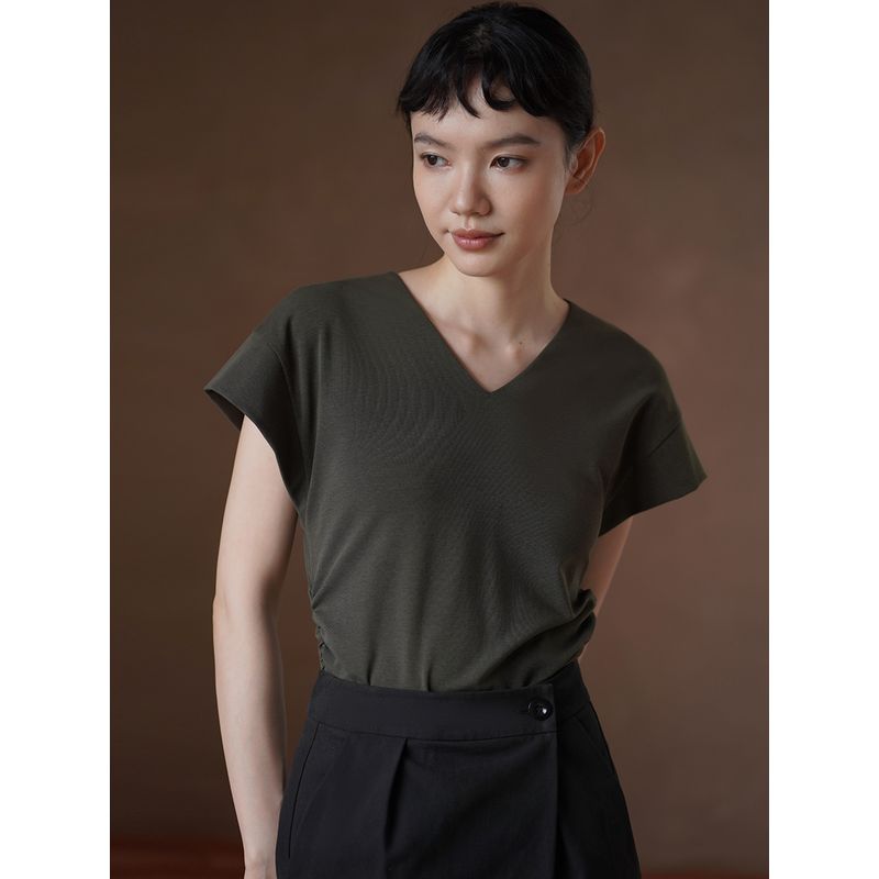 

Miss Haitao Gentle Olive Green Fit Short sleeve Slimming V-neck Elastic Pleating Design Temperament Commuting T-shirt Olive gray green S