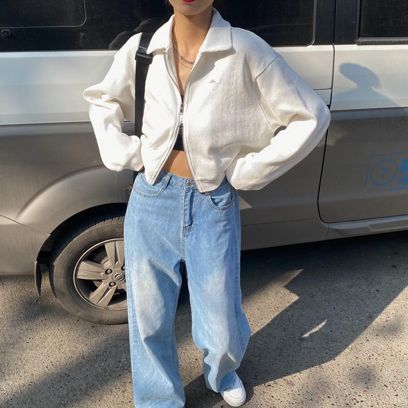 Damjacka med dubbel dragkedja, lång ärm och polokrage - Koreansk stil, lös passform (Vår/Höst 2022)