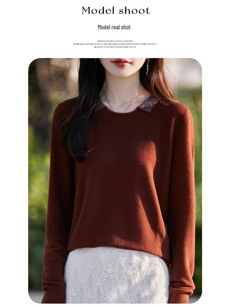 Women's Merino Wool Turn-Down Collar Cardigan Pullover Sweater - Fashionable Knitwear Base Layer.