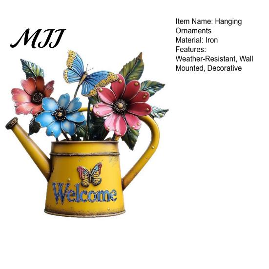 Metal Wall Art Decor Rustic Watering Can Art, Flower Butterfly Welcome Sign, Farmhouse Three Dimensional Ornaments Iron Hanging for Porch Garden Patio