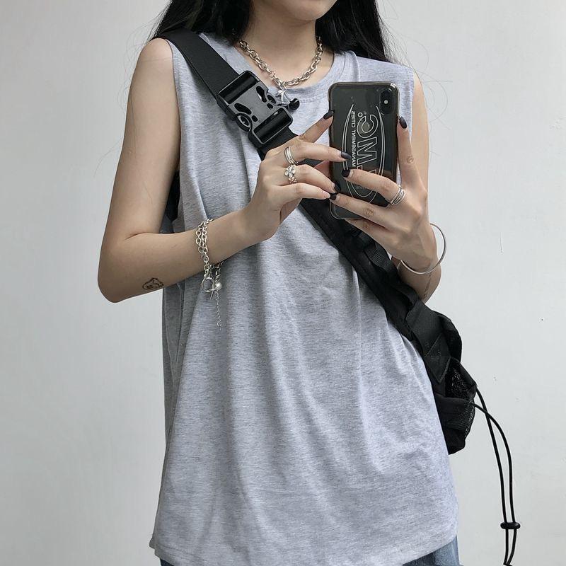 Bílé volné tričko bez rukávů pro ženy - Nová letní móda 2025, Černý vestový styl, Ležérní studentský top