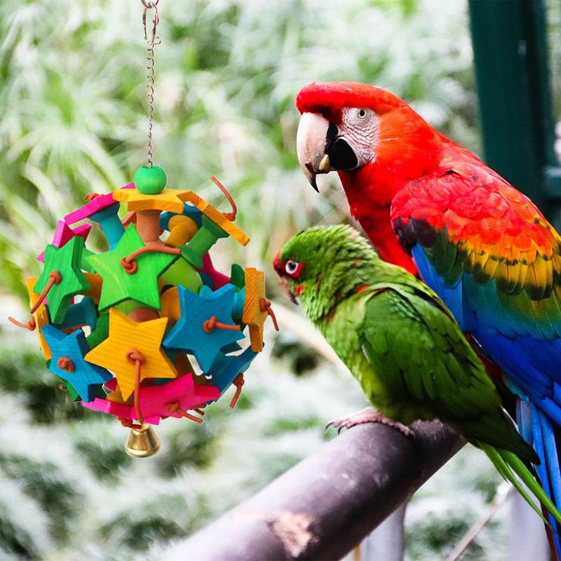 Bird Toys Wooden Blocks Wood Stars Leather Toy Bird Chewing Teether Parrot Cage Bite Activities Wear Resistant For Large Macaws