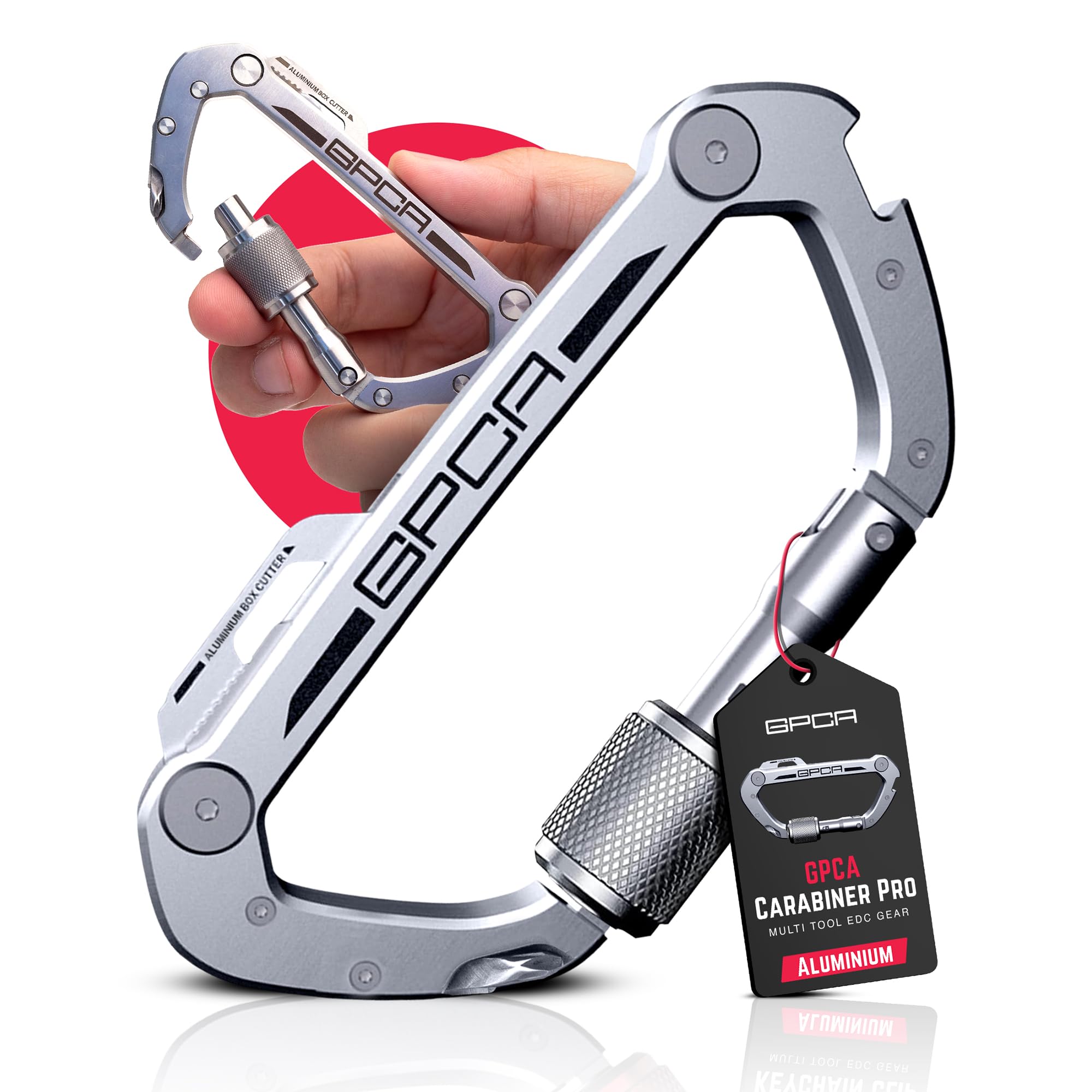 

GPCA Multi-Tool Carabiner Clip D-Ring Keychain Heavy-Duty Aluminum Clip with Bottle Opener, Pry Toolbox Cutter, Phillips & Flat Screwdrivers, Solid-Bu