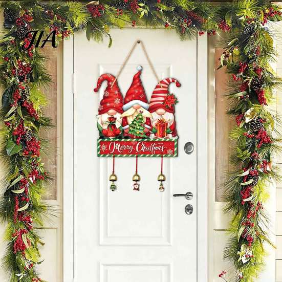 Indoor Holiday Party Supplies Merry Christmas Wooden Wall Door Hanging Sign with Bells, Rustic Santa Snowman Decor Tree Reindeer Decorative
