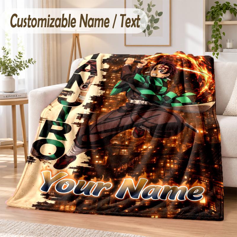 Demon Slayer Custom Name Flannel Throw Blanket Soft Warm for Sofa Bed Indoor Home Use