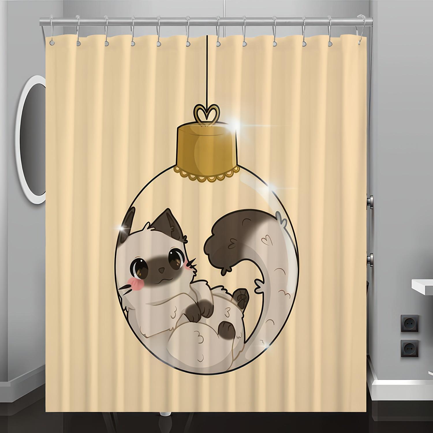 

Cat Bell Cartoon Pattern Digital Print Shower Curtain, Bathroom Decor Home Decoration, Four Seasons Woven Polyester Fabric W60H190(CM)-1 Pcs