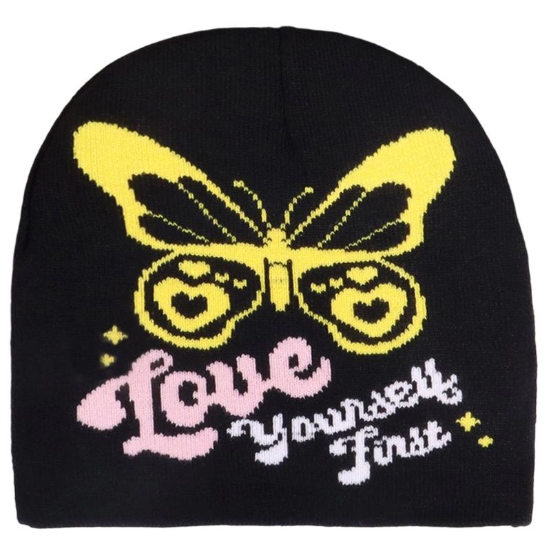 2000s Butterfly Pattern Knitted Hat Streetwear Design Breathable Acrylic Fibre Hat For Outdoor Music Festival Daily Use