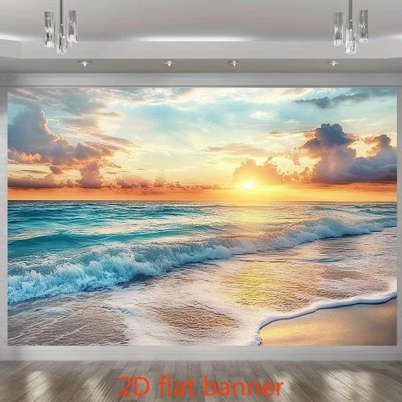 2D Summer Beach Sunset Banner, Coastal Ocean Landscape Backdrop for Party Decor 47.2x31.5inch/120*80cm