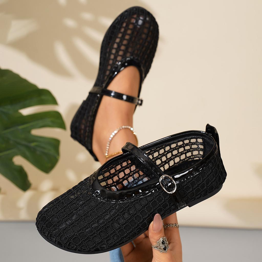 Fashion Rhinestone Mesh Breathable Sandals Women's 2025 Spring and Summer New Flat Bottom One-word Buckle with Shallow Mouth Mary Jane Single Shoes