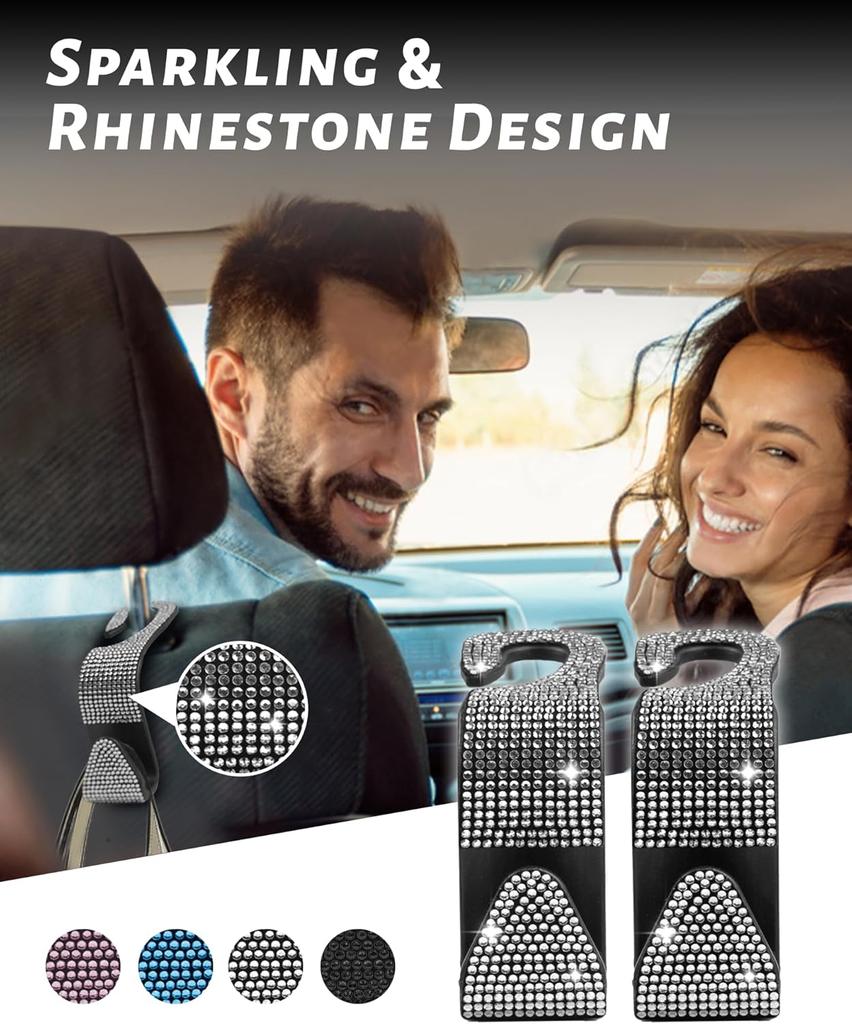 Sparkling Car Seat headrest Hooks, 4 Pack, White Purse Holder for Car Headrest, Chic Automotive Accessories for Women Essentials Handbag Clothes Coats