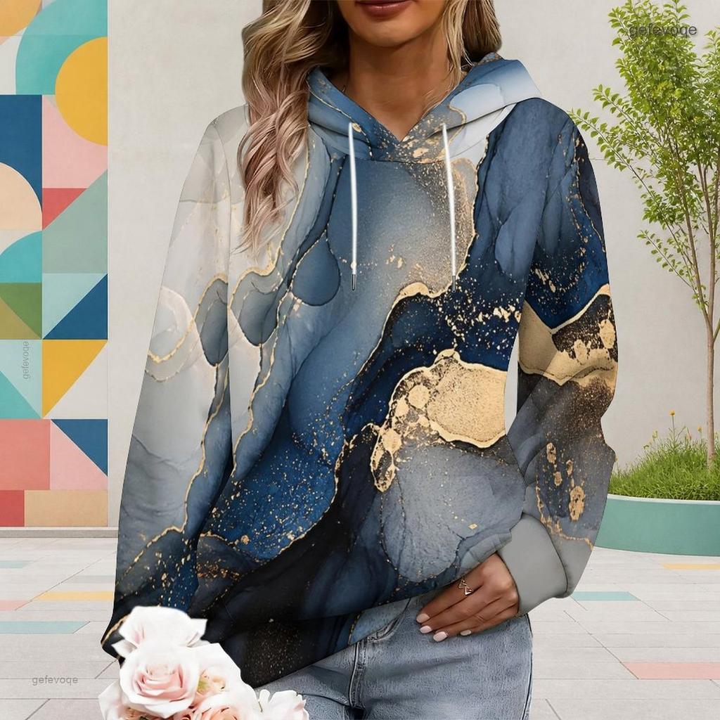 Women Plus Size Black Drawstring Hoodie Long Sleeve Blue Peony Tree Print Pullover Kangaroo Pocket