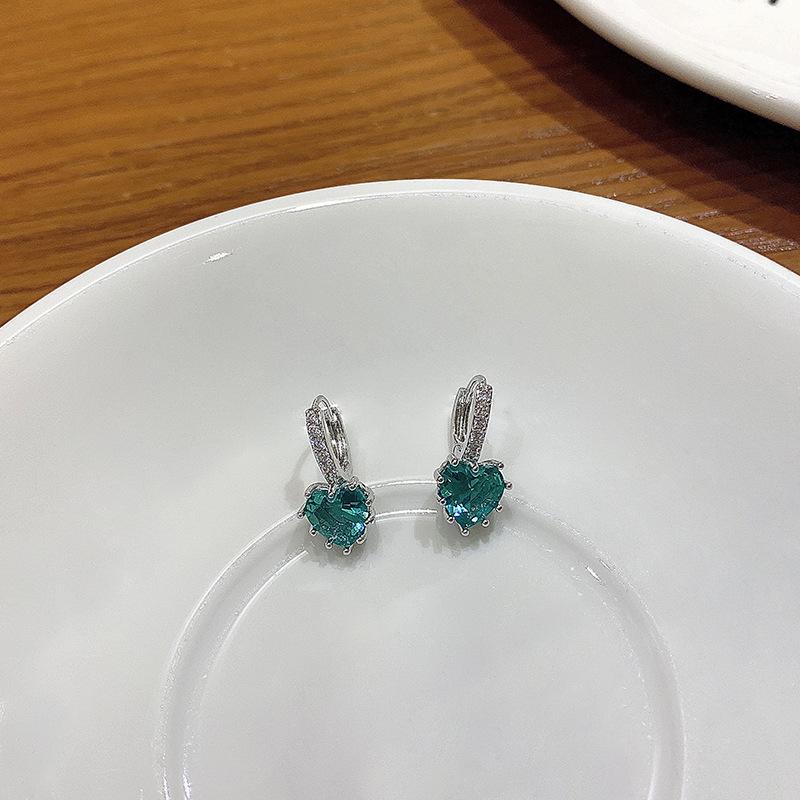 New blue emerald love ear buckle women's niche design high-end micro-zircon earrings ear jewelry