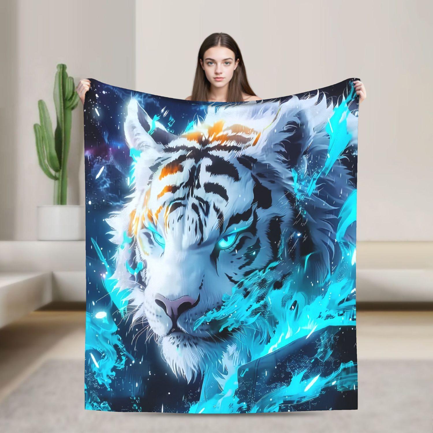 

White Tiger Flannel Blanket - Soft Warm Beige Sofa Decor Throw 80x120cm