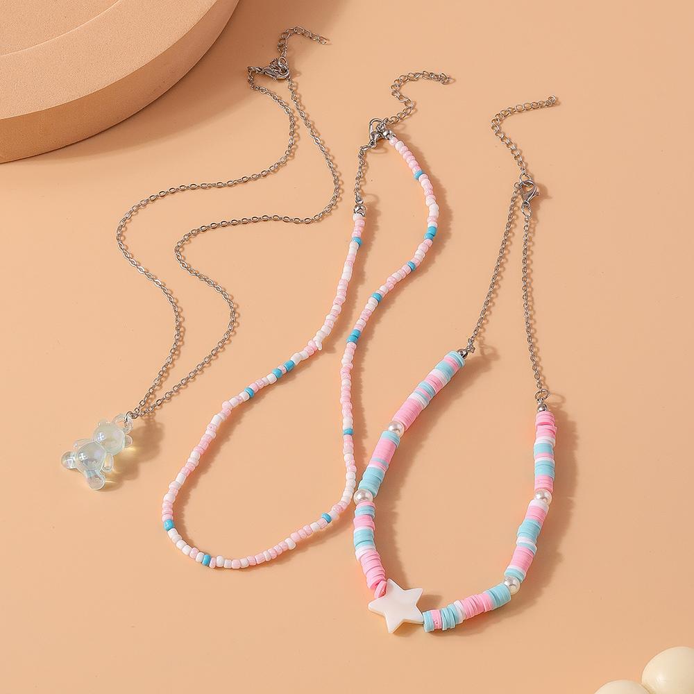 3pcs/Set Bohemia Handmade Colorful Beads Choker Necklace Women Girls Bear Pendant Necklaces Party Holiday Jewelry Gifts