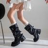 Fashion Autumn Winter 2025 New Platform Block Heel Mid-tube Boots Women's Round Toe Metal Buckle Platform Belt Buckle High Heel Boots