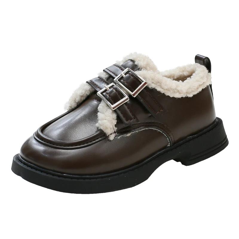 2024 Children Leather Shoes for Girls Winter New Fashion Korean Style Soft Bottom Princess Plush Anti-slippery Chic Warm Shoes