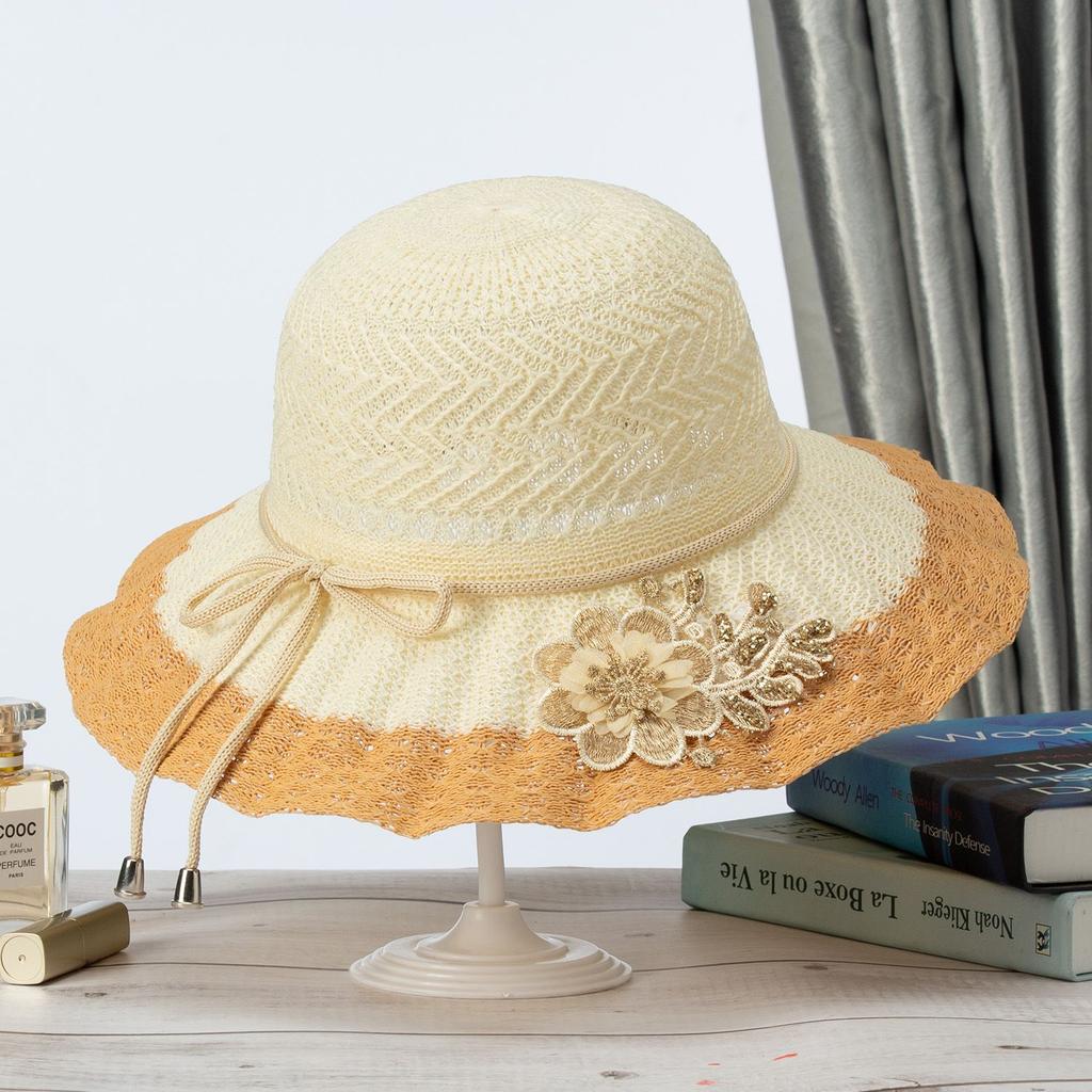Foldable Women's Summer Hat, Beach Hat, Outdoor Grass Hat for Beach Travel, Sun Shading and Sun Protection, Bow Shaped Sun Hat