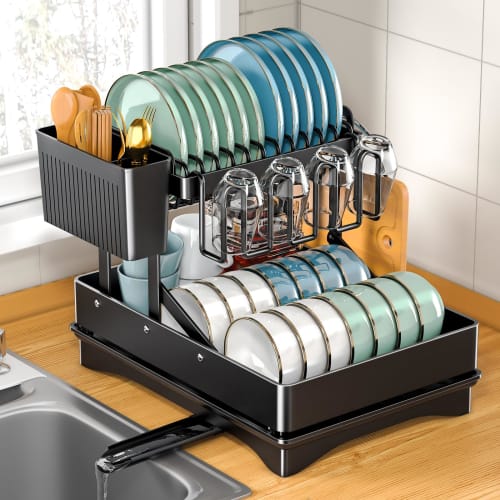 Zilnox Dish Drainer, Foldable, Large Capacity, Kitchen Dish Drainer with Automatic Drainage, Space-Saving, Black, 2 Tiers, 42cm Wide X 30cm Deep X 29.