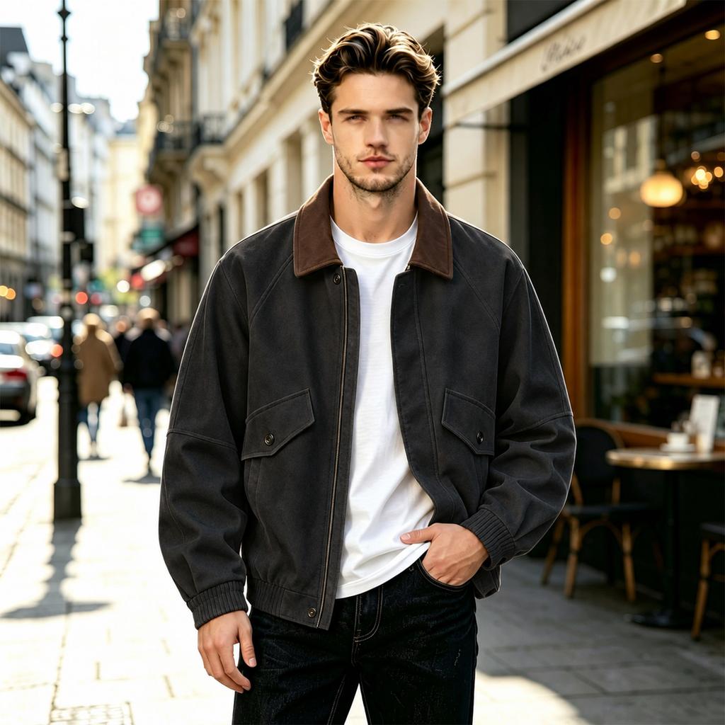 Men's Color Leather Jacket with Lapel Collar Retro Loose Fit Plus Size Outerwear for Spring Fall