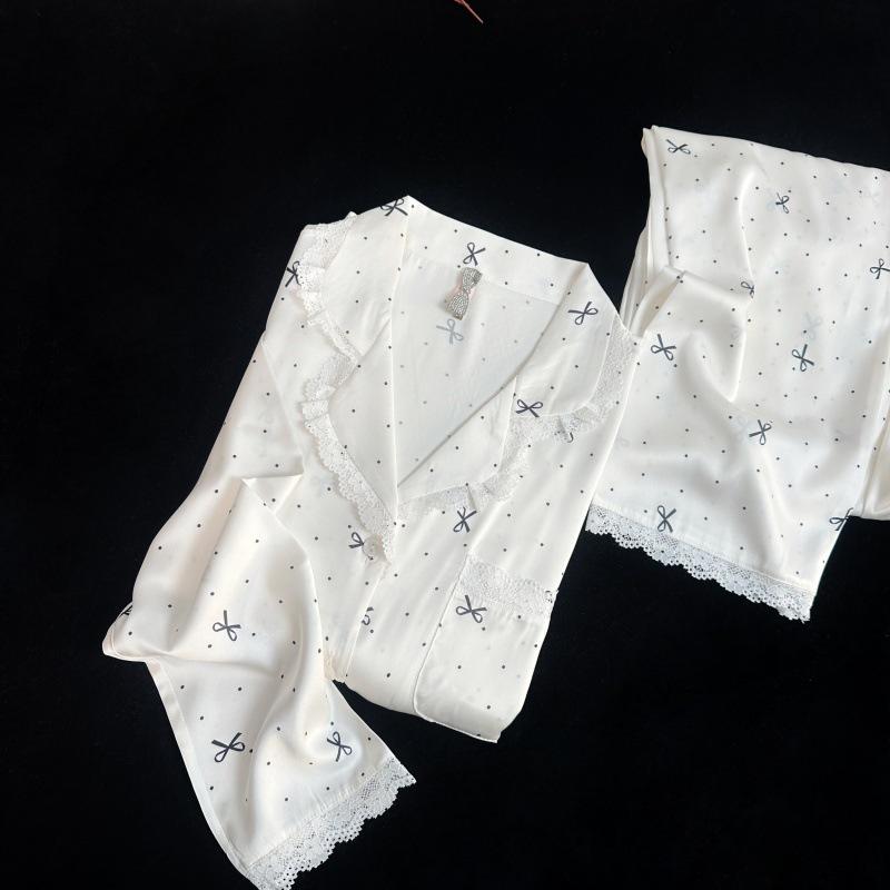 Yase Cream Polka Dot Bow Pajamas with Lace Trim - Cute and Girly Spring Collection
