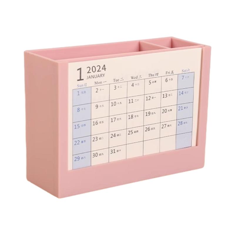 Multifunctional Desk Pencil Holder with 2024 Monthly Calendar, Office Desktop Organizer Pen Holder for Student Teacher