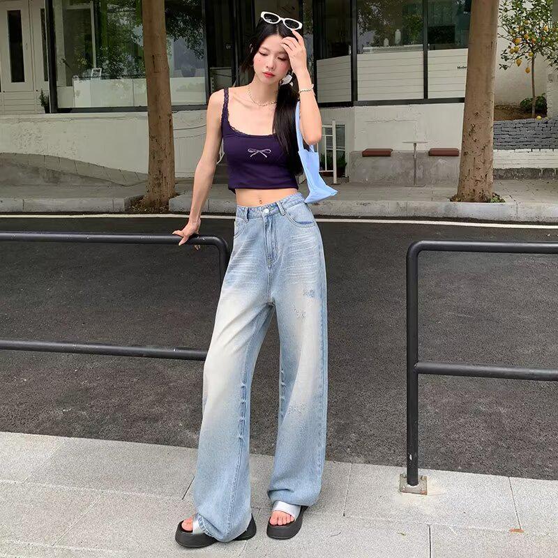Women's Retro High-Waist Washed Blue Wide-Leg Jeans – Summer 2024 Floor-Length Loose Fit.