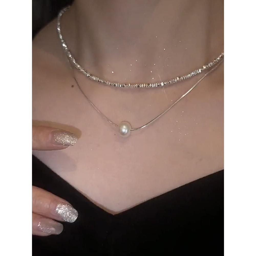 Silver-dusted Freshwater Pearl Double-layered Layered Necklace, Collar Chain, Elegant and Cool Style Neck Chain