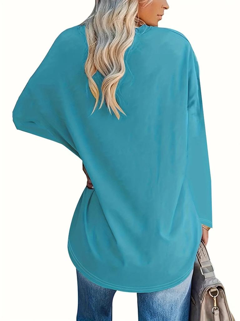 T-shirt Taglia Grande Monocolore, Top Casual a Maniche Lunghe Girocollo Primavera e Autunno, Abbigliamento Taglia Grande da Donna