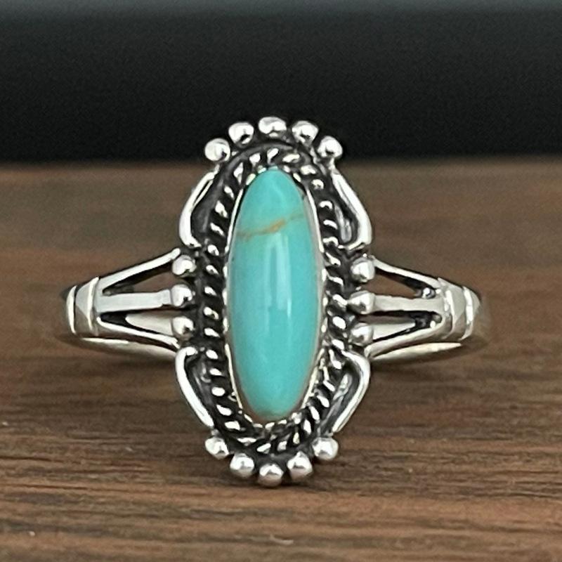 

Vintage Bohemian Marquise Turquoise Ring Ethnic Inlaid Stone Band Unique Jewelry no. 10 срібний