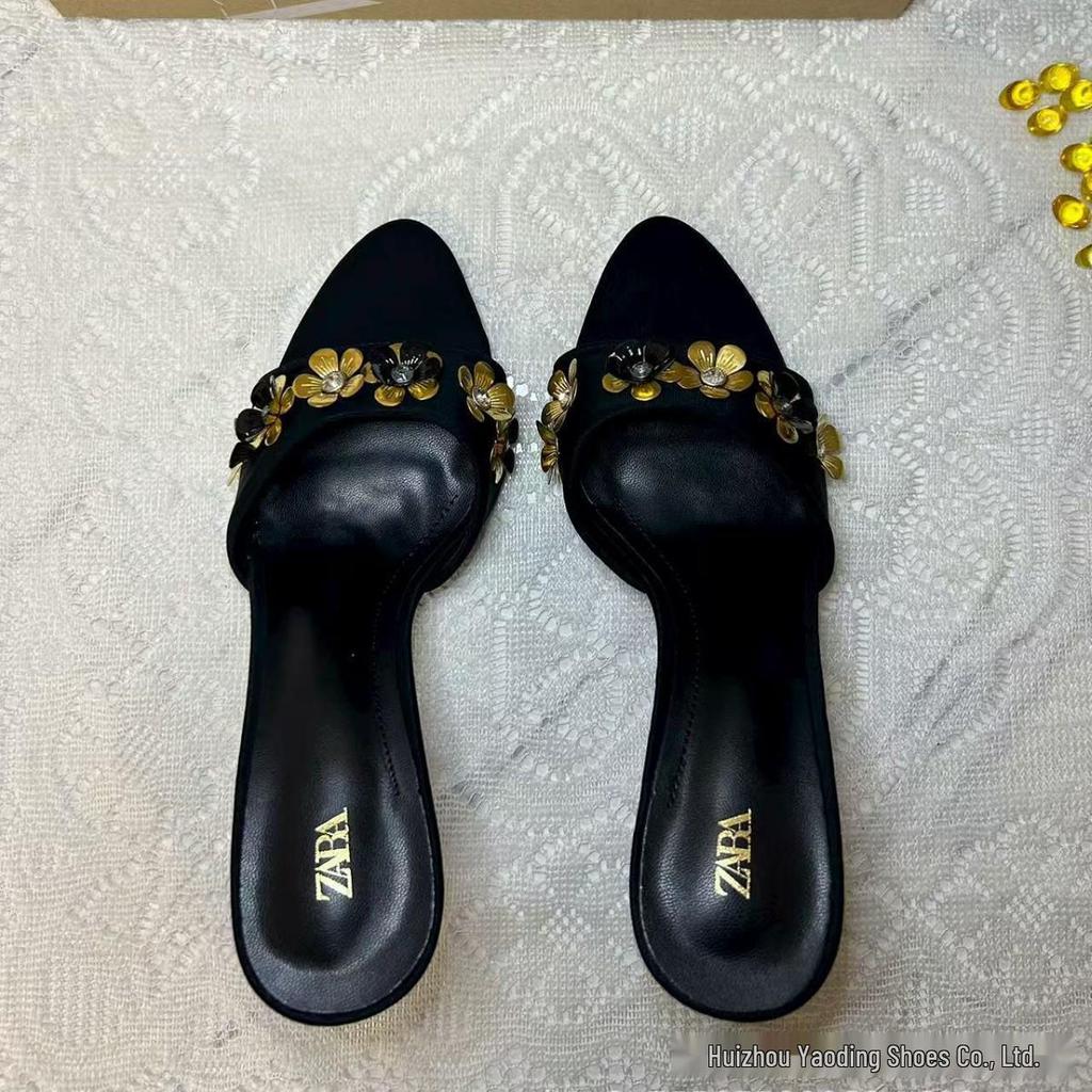 ZA2025 Black Gold Flower Embellished Round Toe Backless Stiletto Heel Sandals for Women