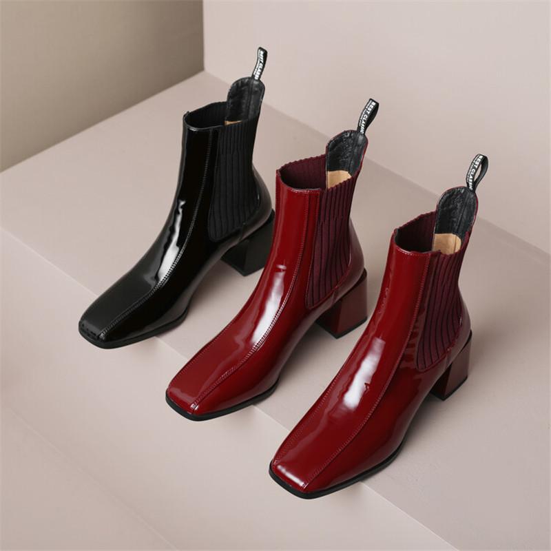 Mode Nouvelles Bottes d'Hiver en Cuir Verni pour Femmes, Bout Carré, Bottines Courtes de Mode, Bottes Chelsea Faites Main, Talons Hauts