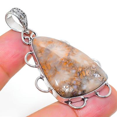 Natural Fossil Coral Gemstone Handmade 925 Sterling Silver Pendant 2.17" D8e29