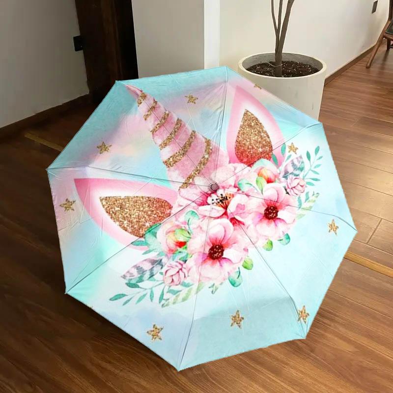 1pc Unicorn Floral Fantasy Umbrella with Plastic Handle,Suitable for All Seasons Home Travel Outdoor UmbrellaDD1602
