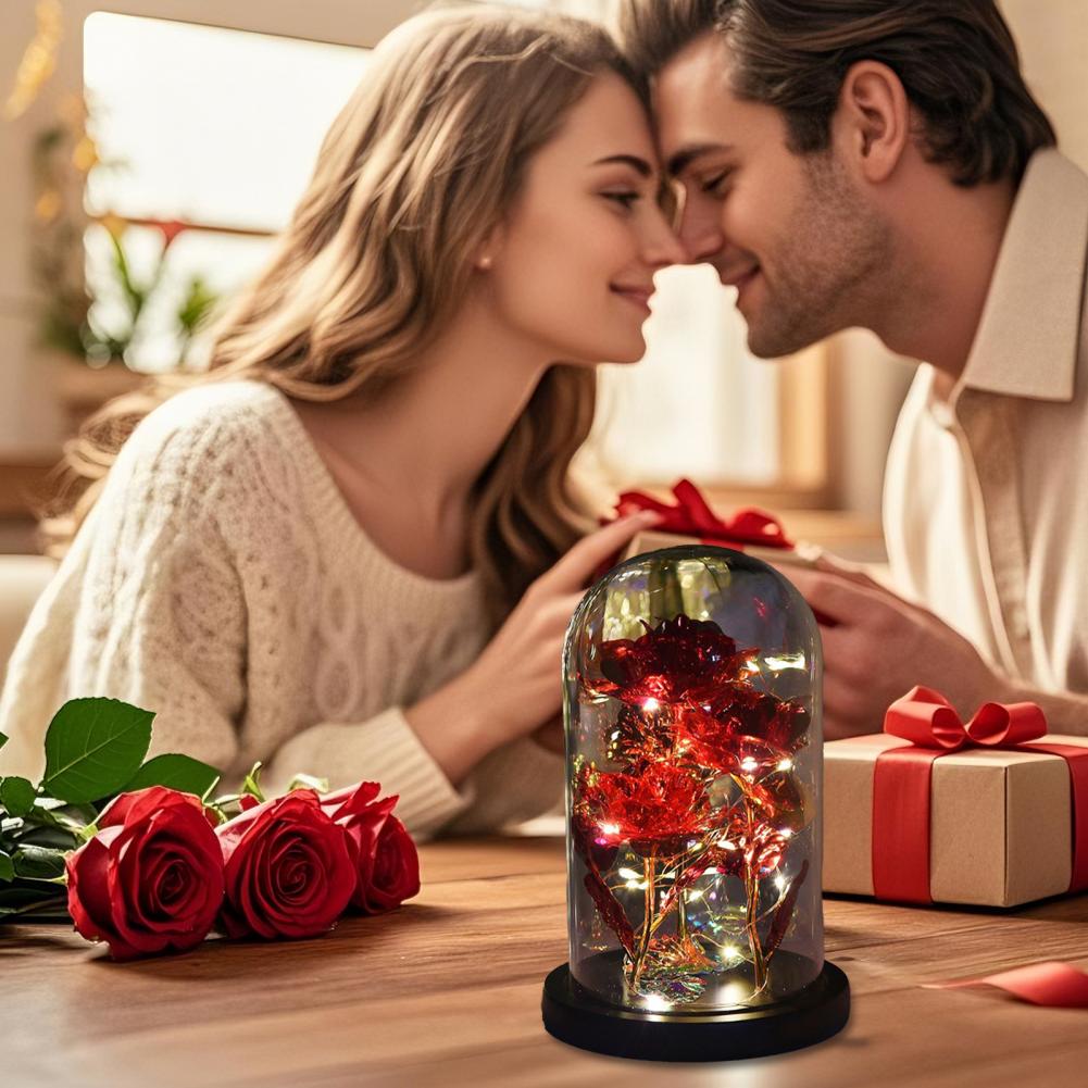 Gold Foil Rose Glass Cover Multipurpose Rose Decoration In Glass Dome with Black Wood Base Romantic Valentine's Day Gifts
