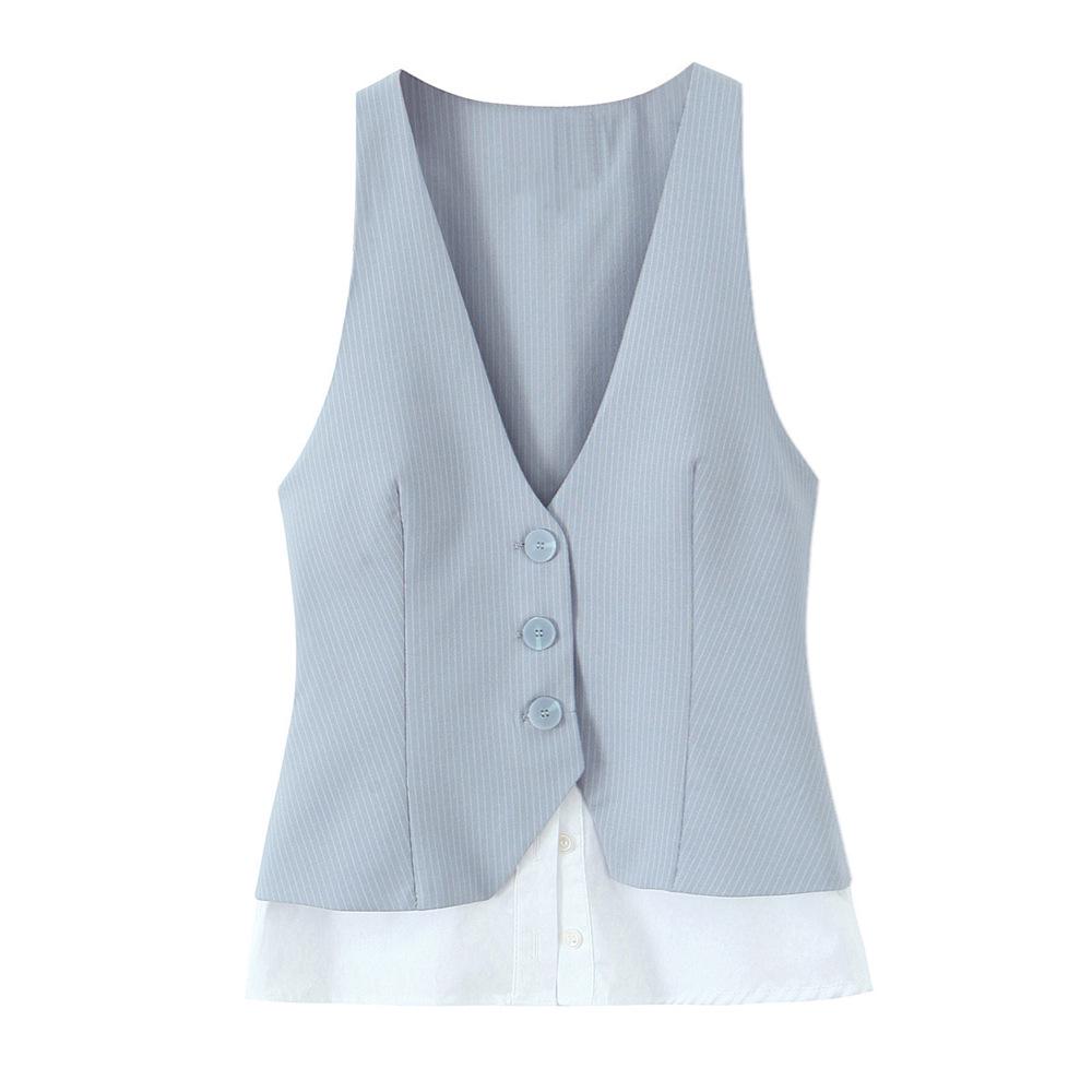 

2025 Spring Women s V-Neck Striped Patchwork Commuter Vest L