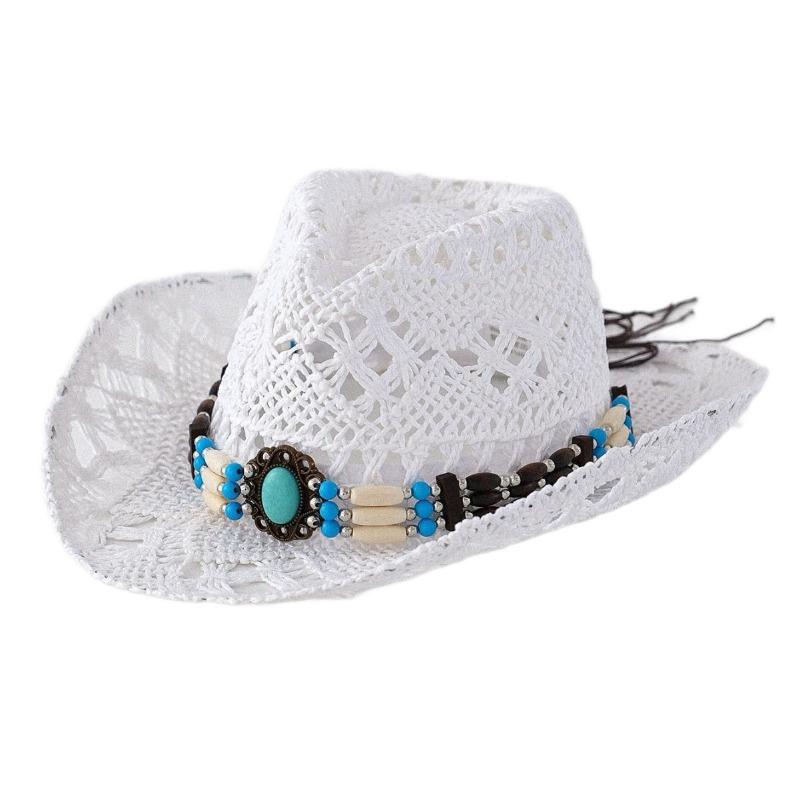 Unisex Hollow Knit Straw Cowboy Hat With Turquoise Wood Bead Band 56-58cm белый