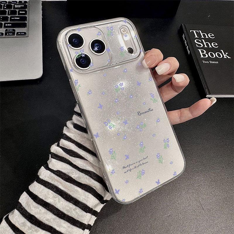 Purple Floral Glitter Soft Shell Phone Case for iPhone 17 Pro Max/17 Air/15/16/Cute 11/7/8 Plus