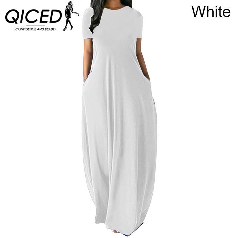QICED Women Casual Loose Long Dress O-Neck Short Sleeve Summer Beach Dress Elegant Party Dress