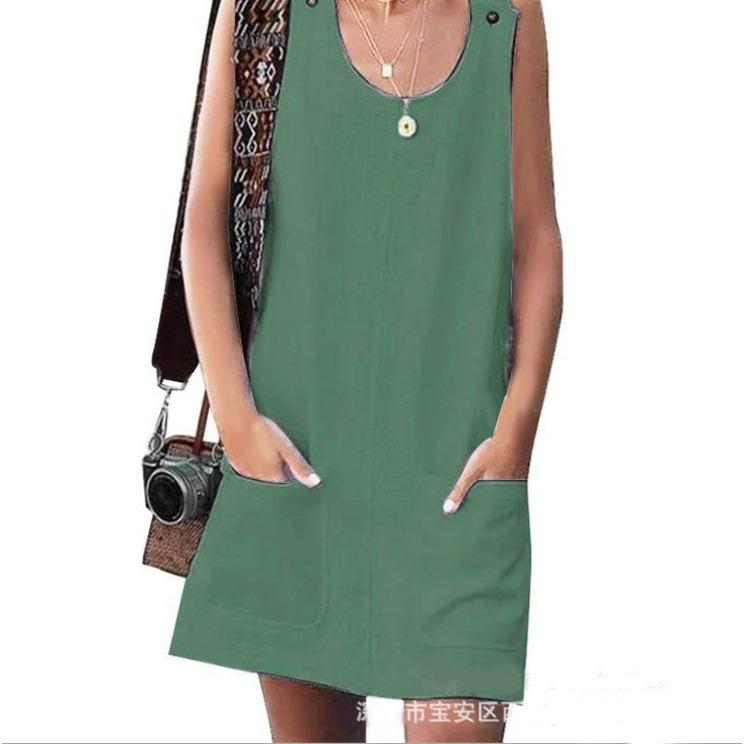Tuta-vestito estiva da donna con tasche e bottoni in cotone e lino