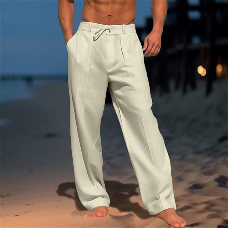 Men's Linen Trousers, Summer Beach Pants, Front Pocket, Solid Color, Breathable, Casual, Daily Vacation