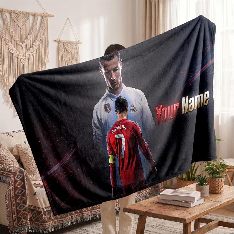 Cristiano Ronaldo Personalized Fleece Blanket With Football Logo, Custom Name Text Soft Warm Home Throw Blanket